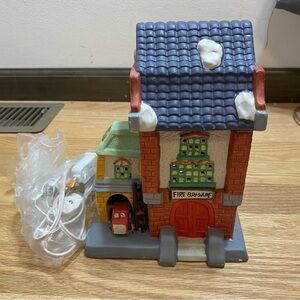Vintage Christmas Village Lighted Fire House Station Hand Painted Ceramic